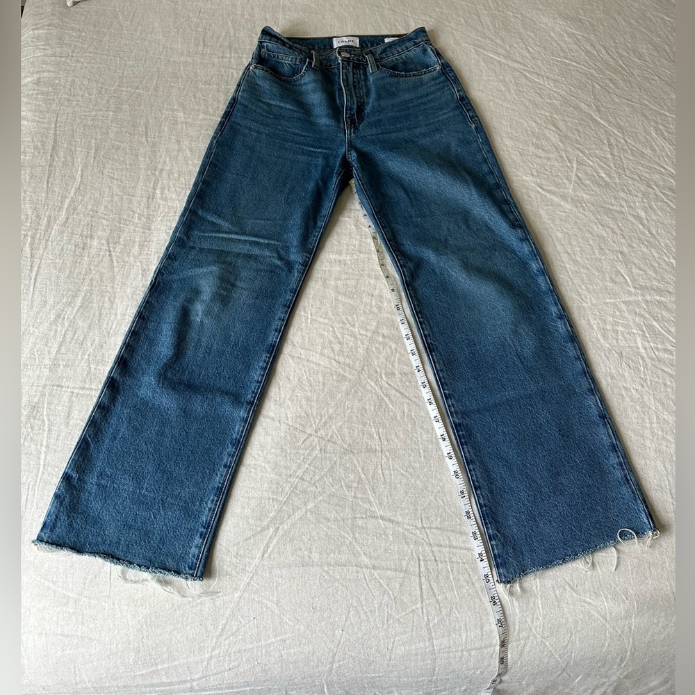 Frame Denim Blue Flare Wide Leg Jeans with Frayed Hem